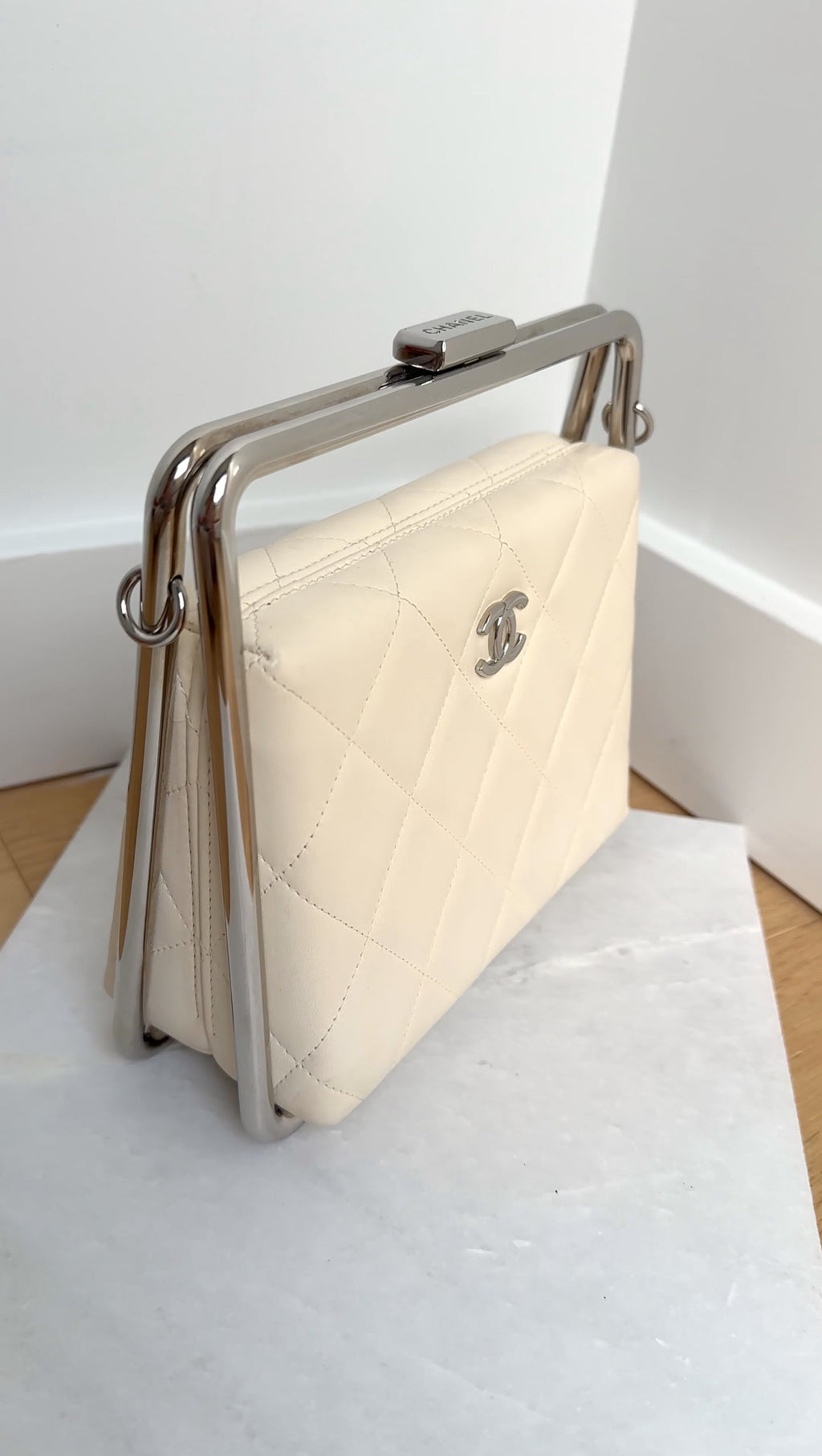 Chanel Cream Quilted Leather Metal Bar Frame Box Bag