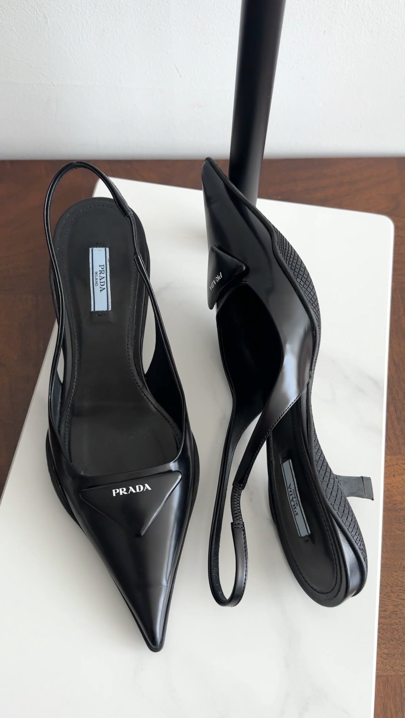 Prada Black Glossed Leather Pointed Triangle Slingback Mule - 39.5