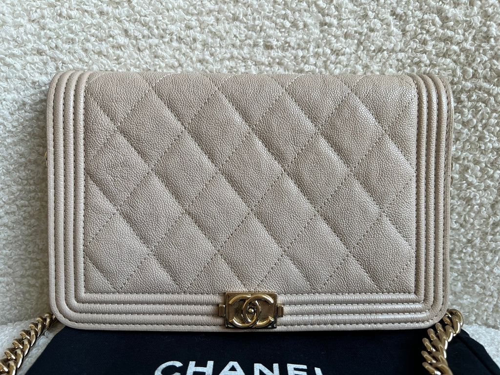 Chanel Ivory Cream Quilted Caviar Boy Wallet on Chain