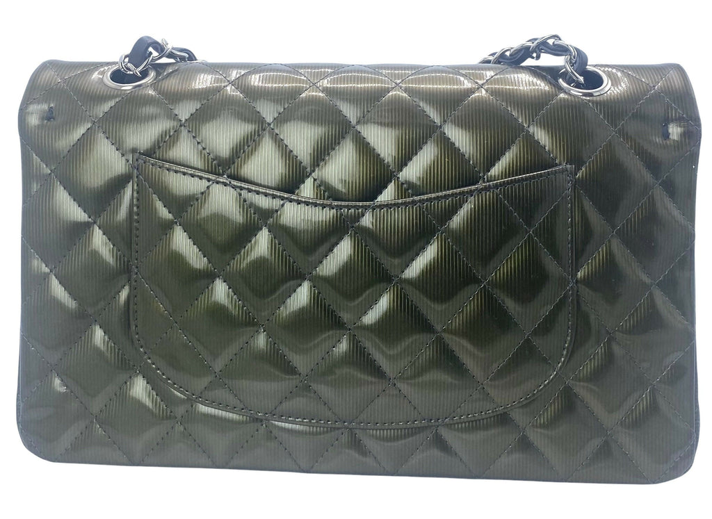 Chanel Medium Dark Green Straited Patent Leather Double Flap Timeless Classic Bag SHW
