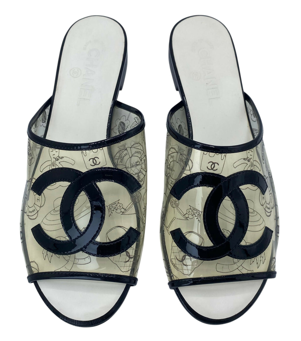 Rare Chanel PVC Black Patent Leather CC Logos Flat Slide Sandals EU 39.5C