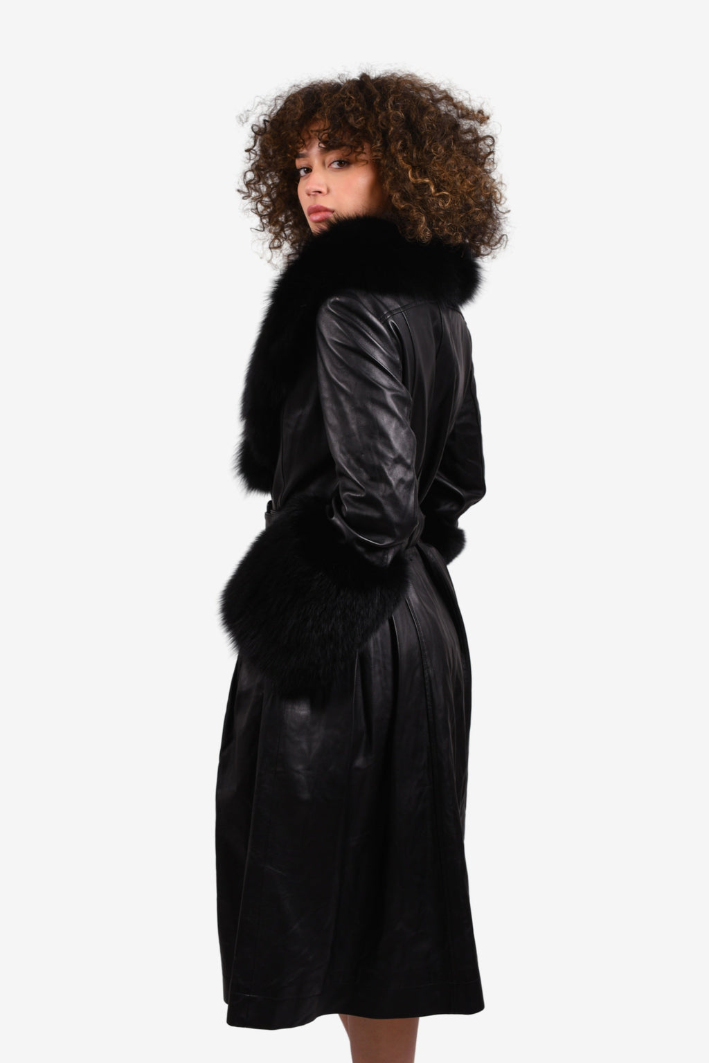 Saks Potts Black Leather/Fur Trimmed Belted Trench Size 2