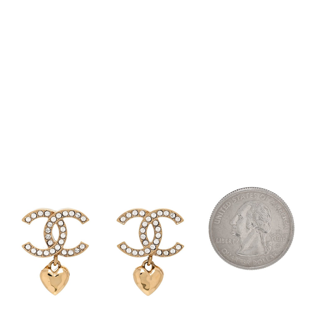Metal Crystal CC Heart Drop Earrings Gold