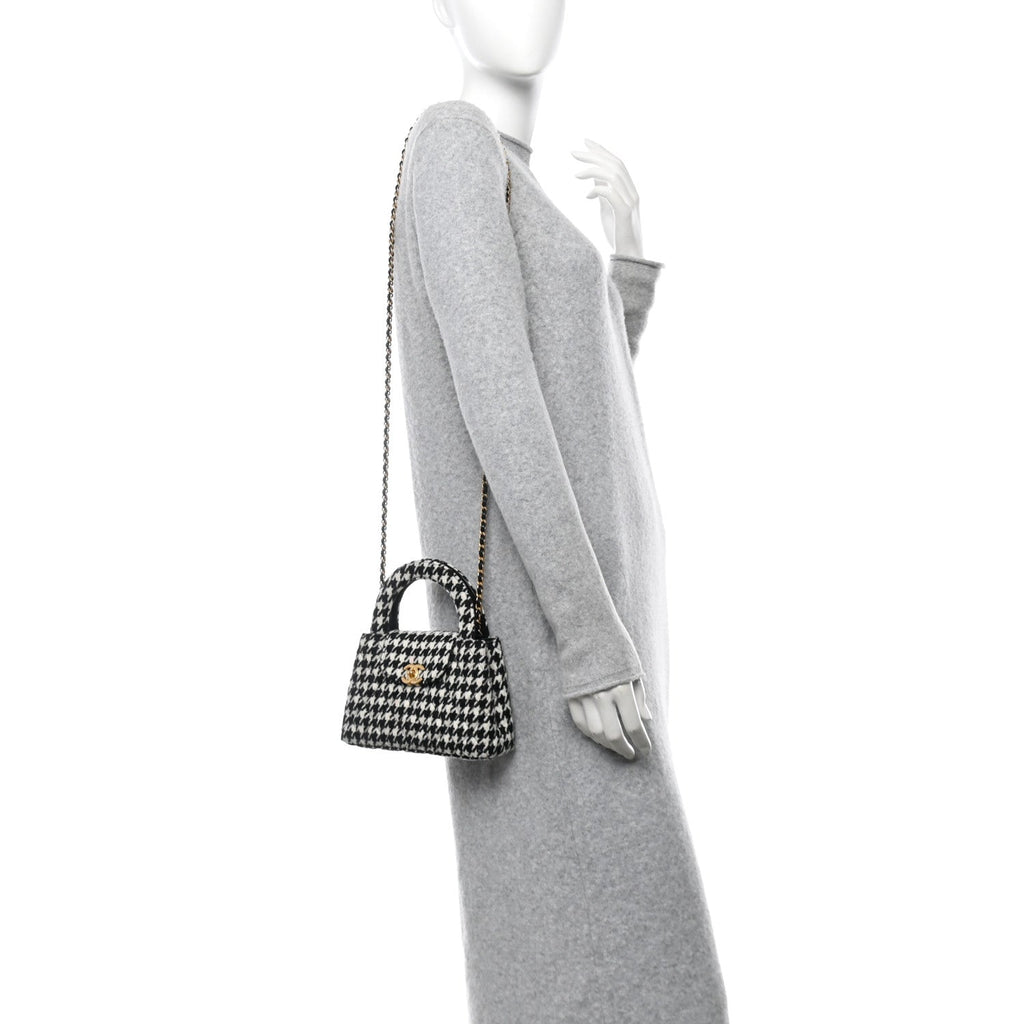 Tweed Houndstooth Quilted Nano Kelly Shopper Black White