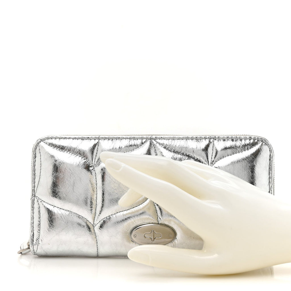 Metallic Crinkled Nappa Pillow Quilted Softie Zip Around Wallet Silver