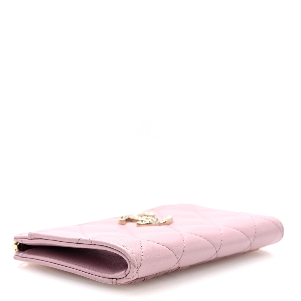 Lambskin Quilted Pearl Crystal CC Zip Around  Holder Pink