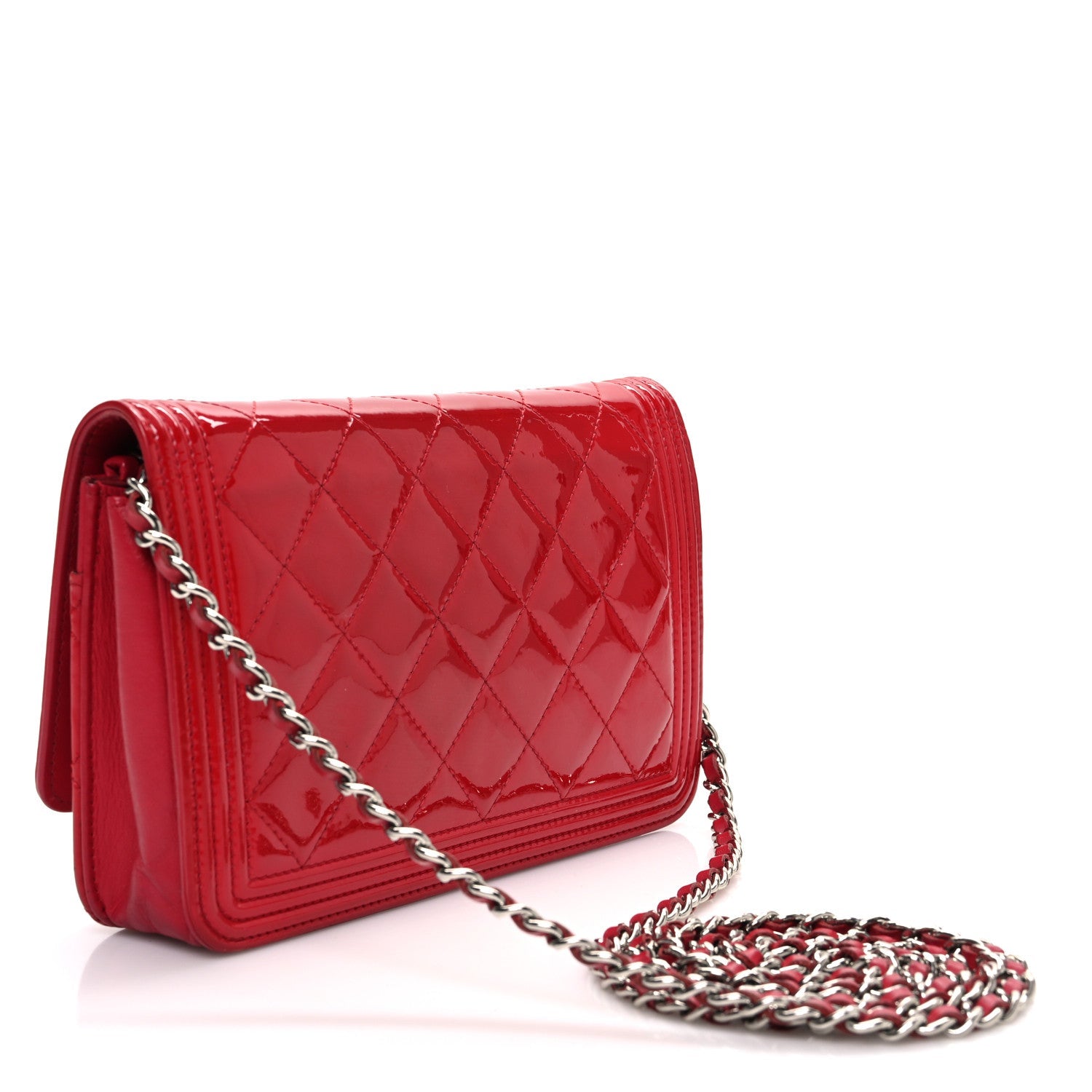Patent Calfskin Quilted Boy Wallet On Chain WOC Red