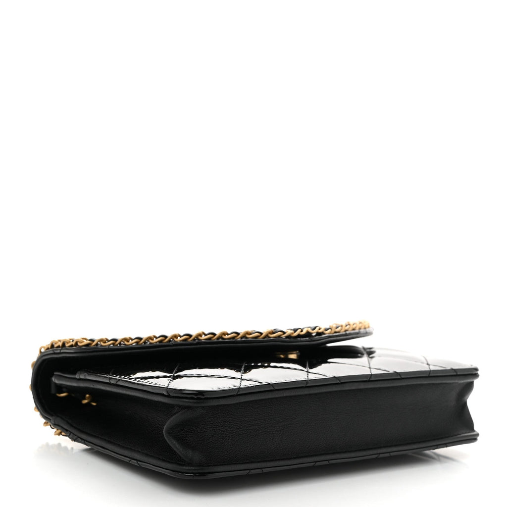 Patent Quilted Chain Around Heart Wallet On Chain WOC Black