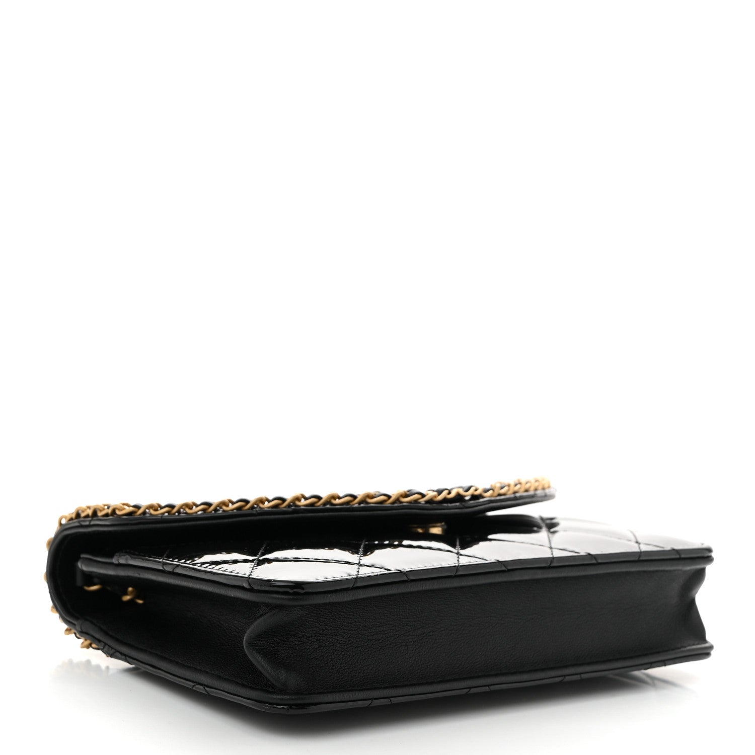 Patent Quilted Chain Around Heart Wallet On Chain WOC Black