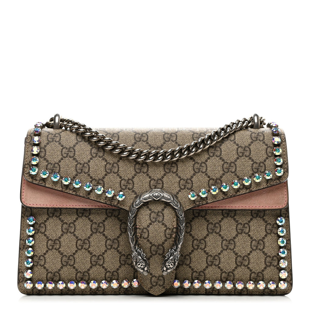 GG Supreme Monogram Suede Crystal Small Dionysus Shoulder Bag Beige Ebony Light Peonia