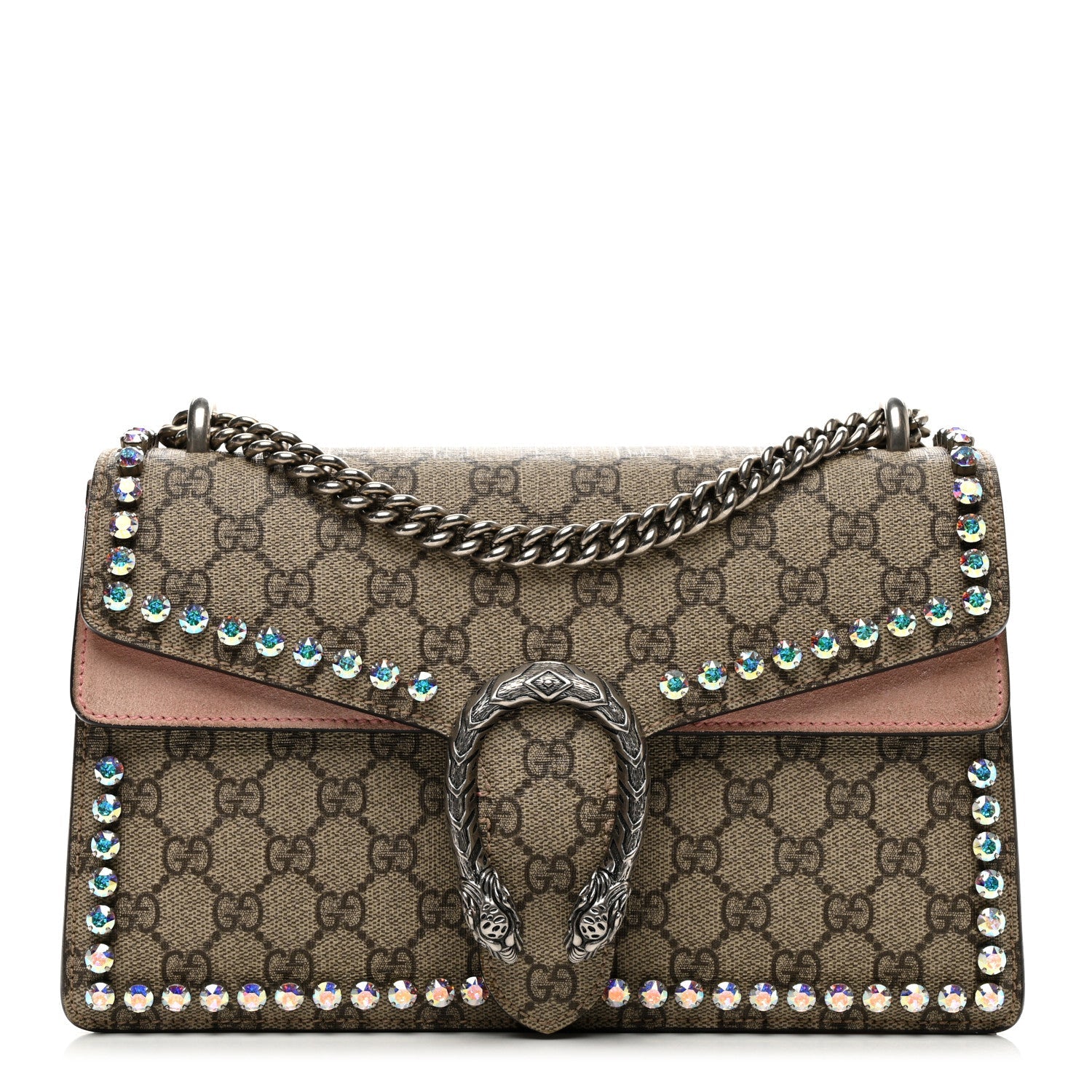 GG Supreme Monogram Suede Crystal Small Dionysus Shoulder Bag Beige Ebony Light Peonia