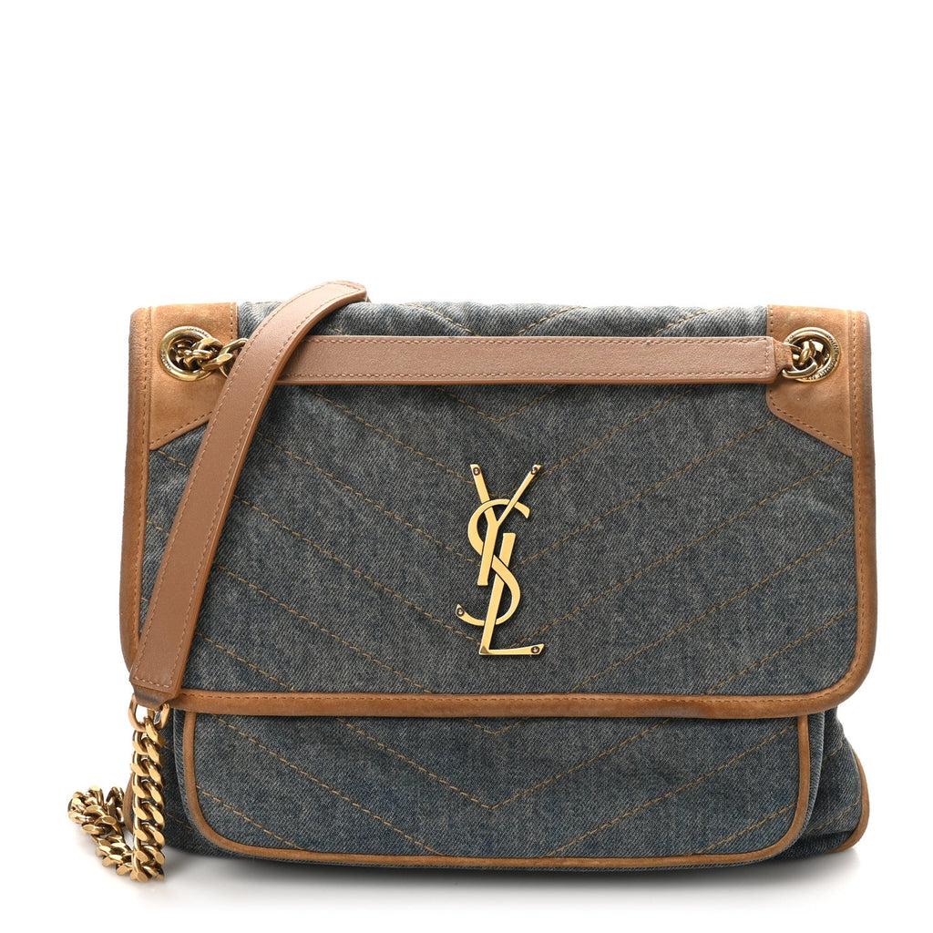 Denim Suede Monogram Medium Niki Chain Satchel Blue Cinnamon