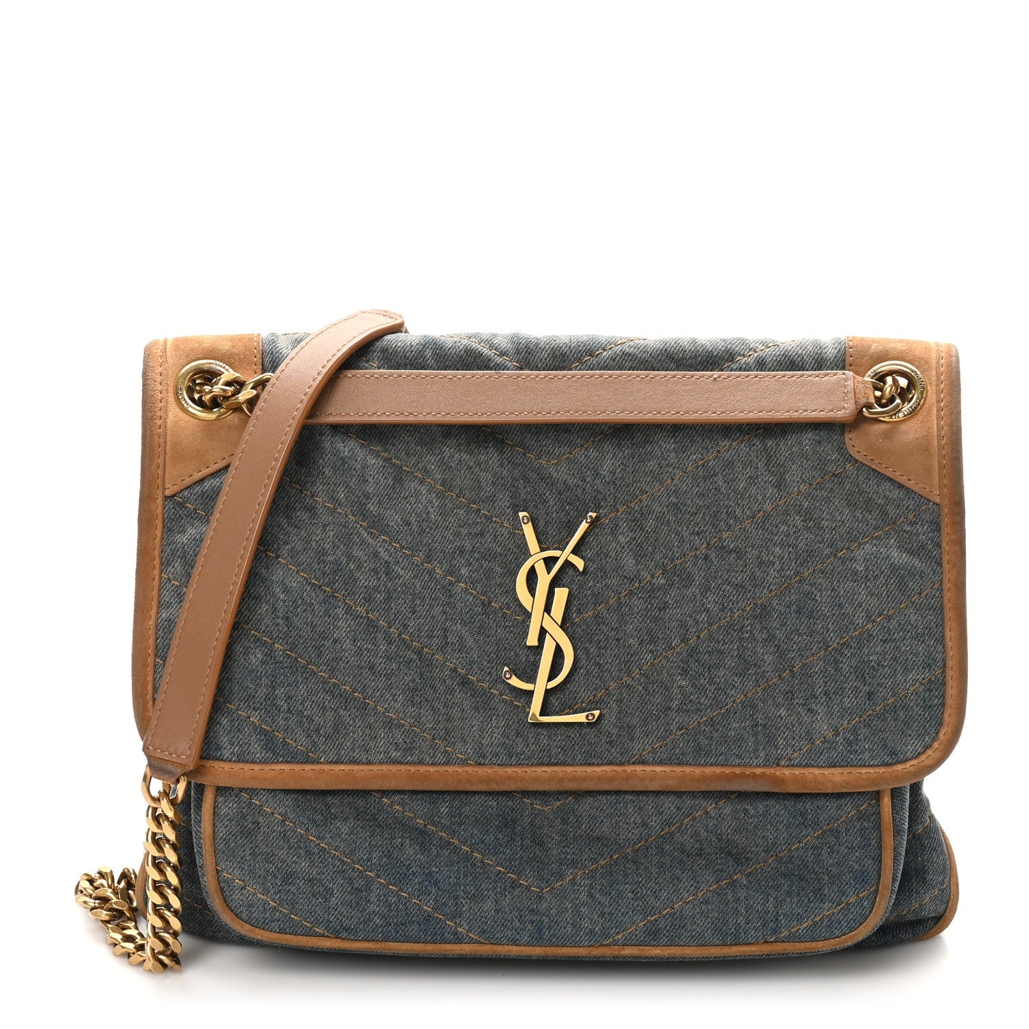 Denim Suede Monogram Medium Niki Chain Satchel Blue Cinnamon