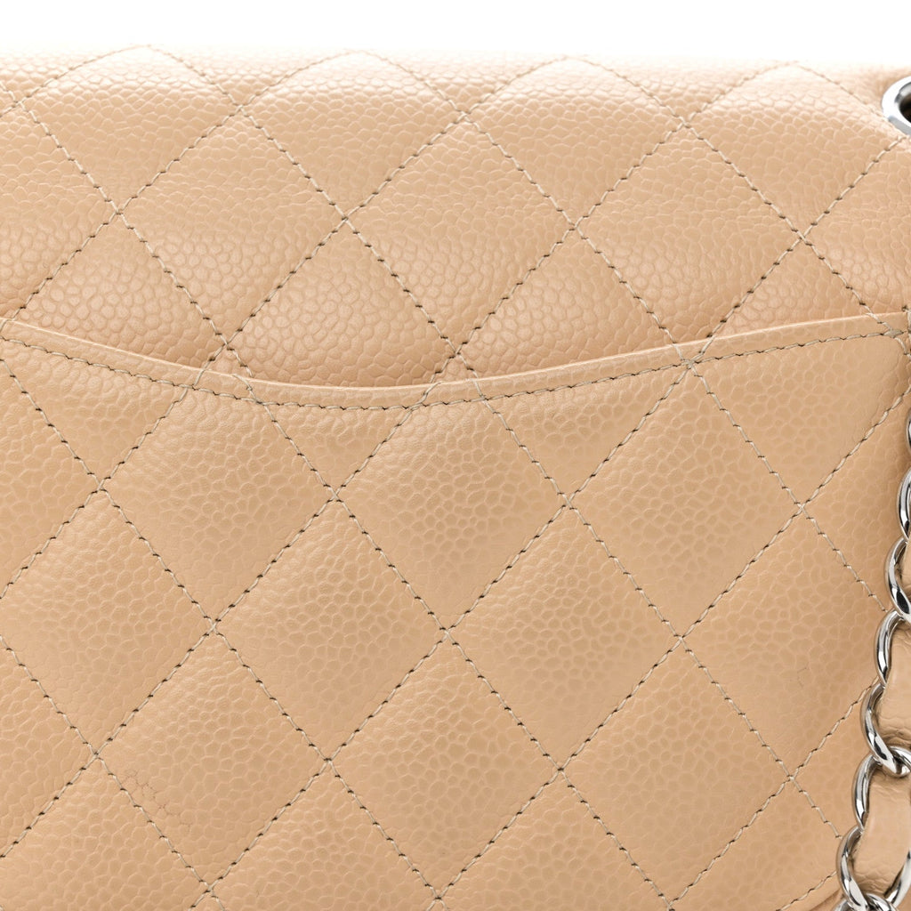 Caviar Quilted Medium Double Flap Beige