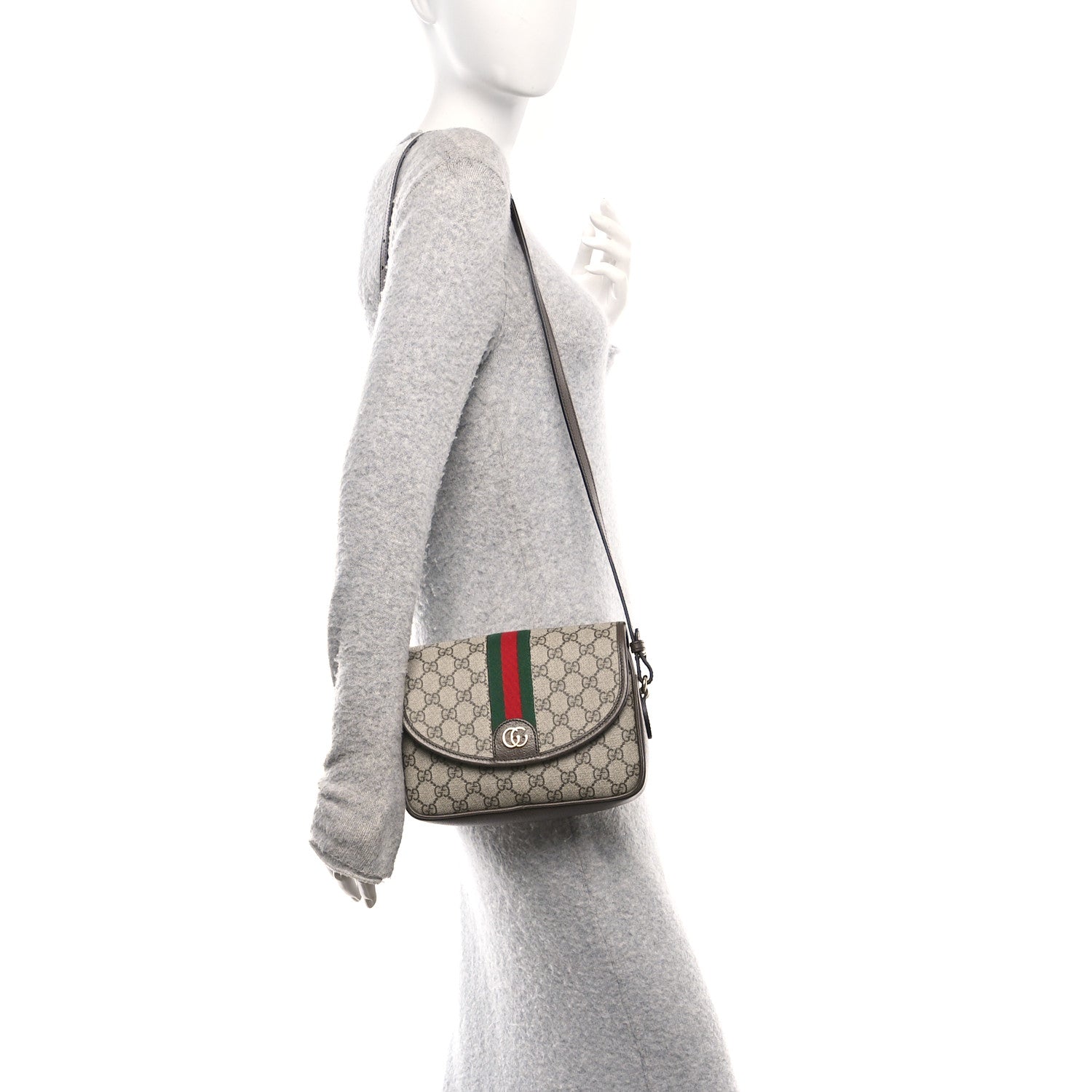 GG Supreme Monogram Textured Dollar Calfskin Web Studded Mini Ophidia Flap Shoulder Bag Beige Ebony New Acero