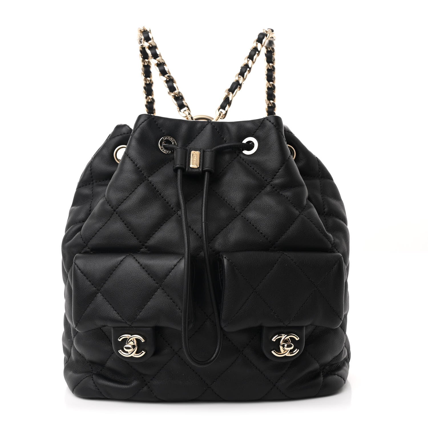 Lambskin Quilted Double Pocket Drawstring Backpack Black