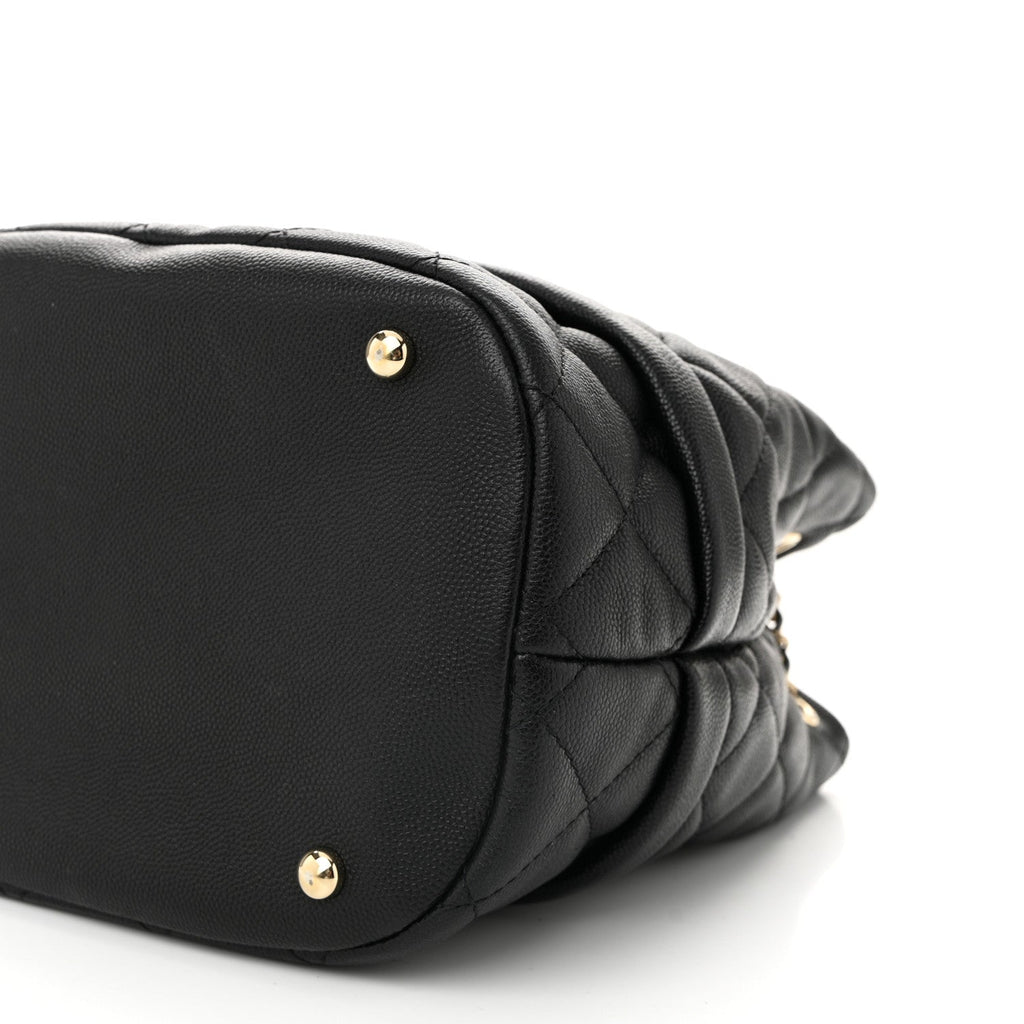 Caviar Quilted Rolled Up Bucket Drawstring Bag Black