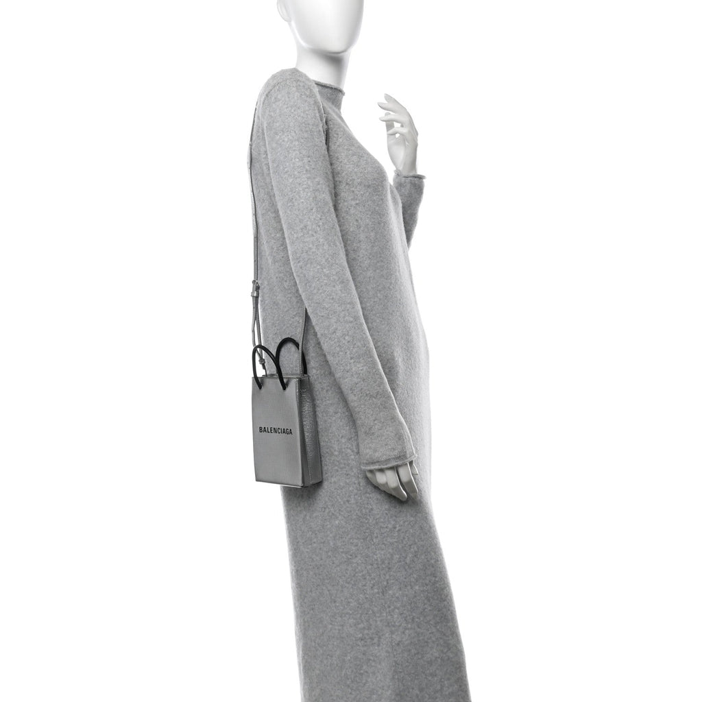 Metallic Textured Calfskin Logo Shopping Phone Holder Bag Silver