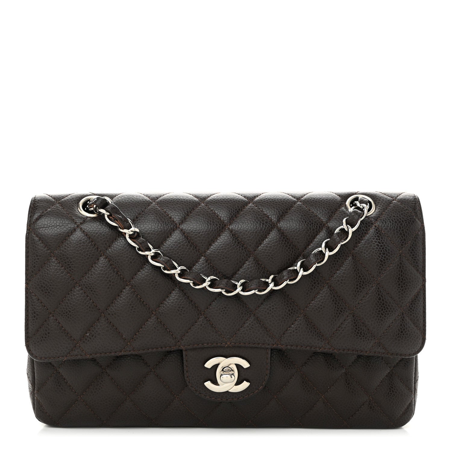 Caviar Quilted Medium Double Flap Brown