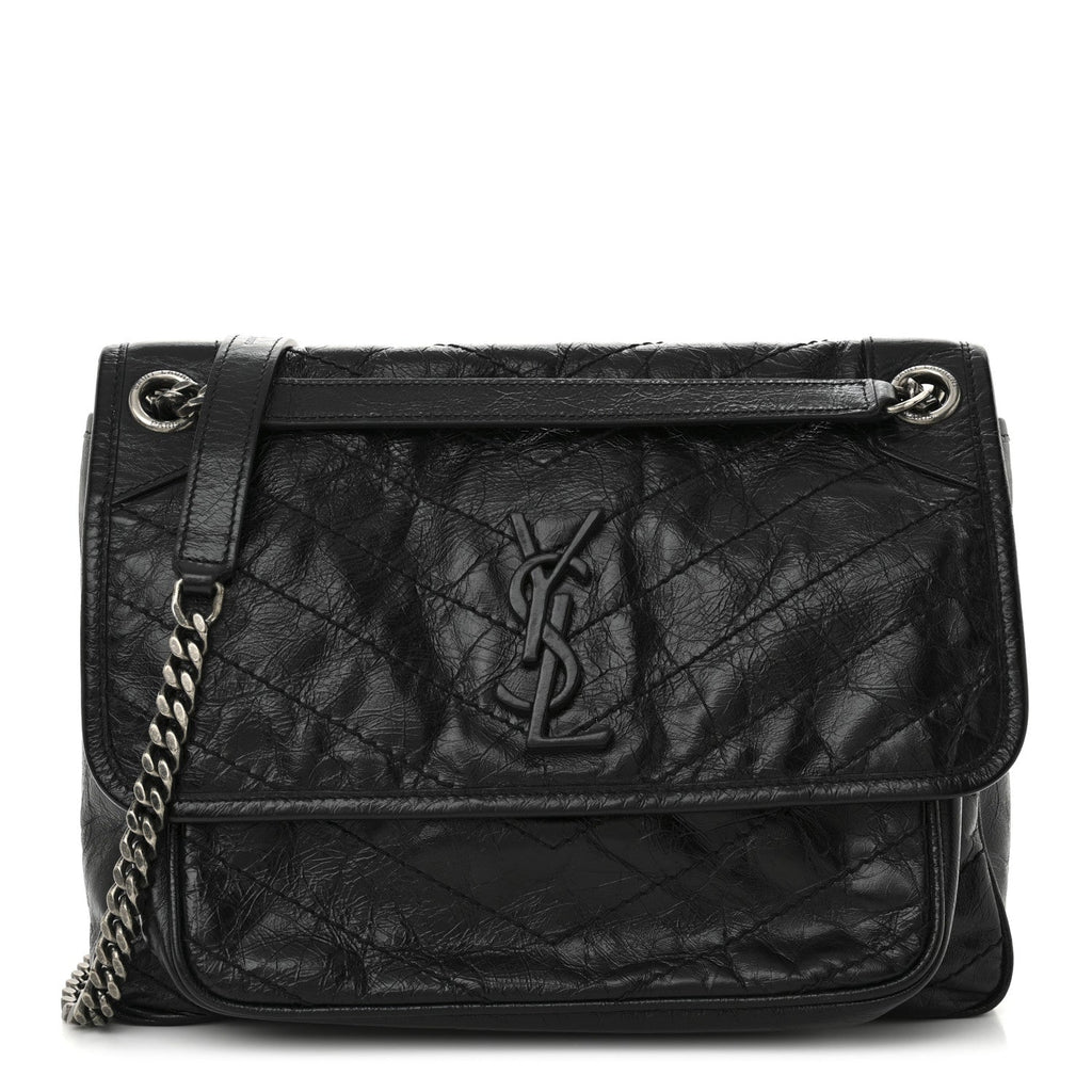 Crinkled Calfskin Matelasse Monogram Medium Niki Chain Satchel Black