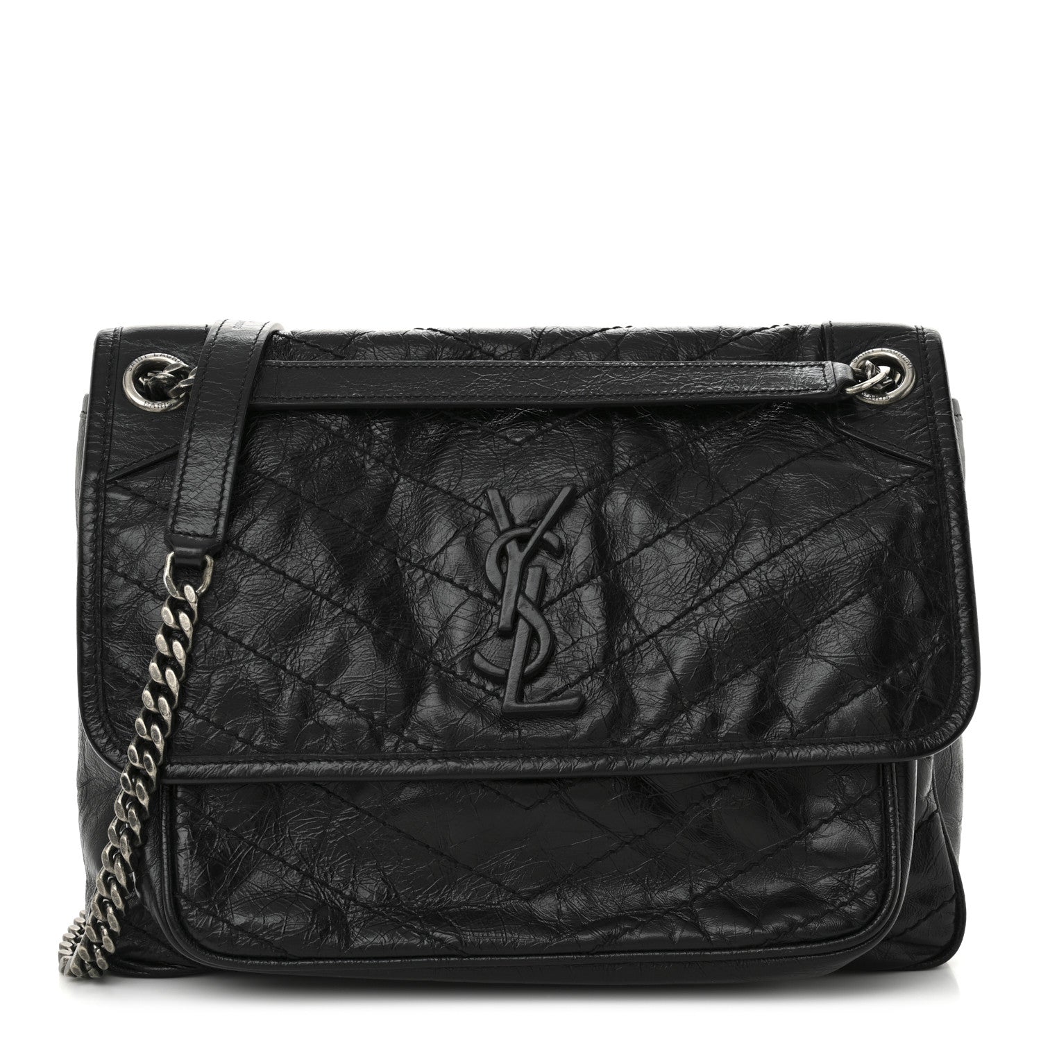 Crinkled Calfskin Matelasse Monogram Medium Niki Chain Satchel Black