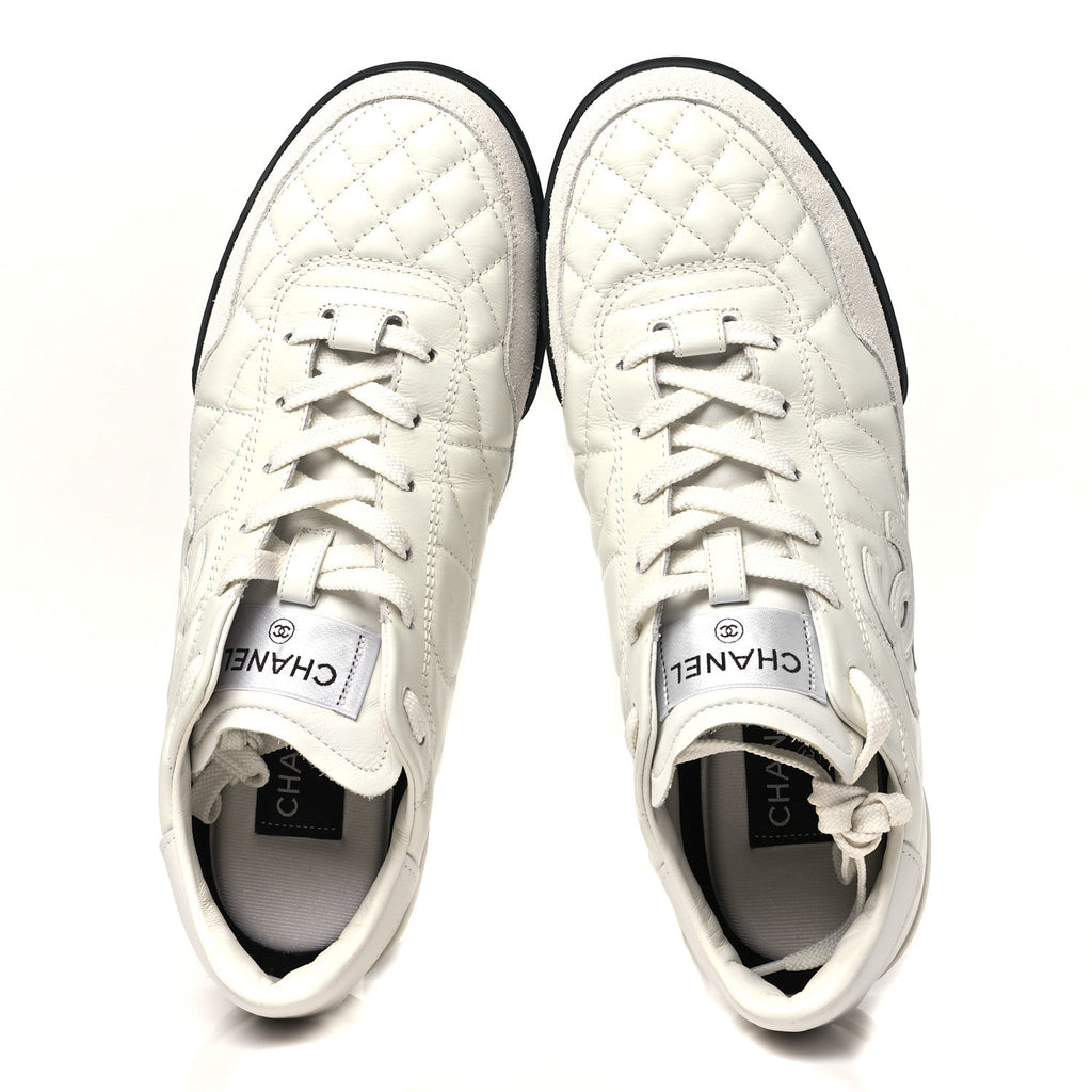 Shiny Calfskin Suede Quilted CC Logo Sneakers 40 White