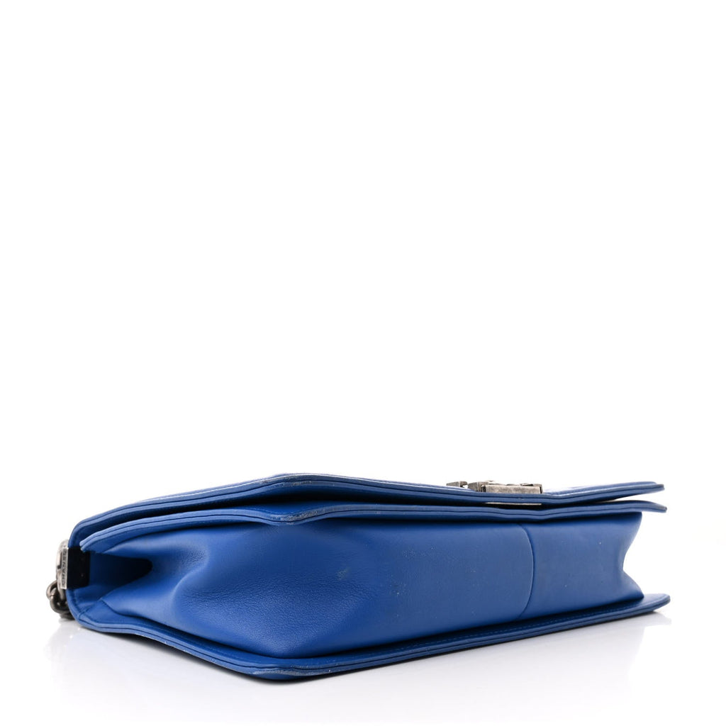 Calfskin Chevron Quilted Large Boy Flap Blue