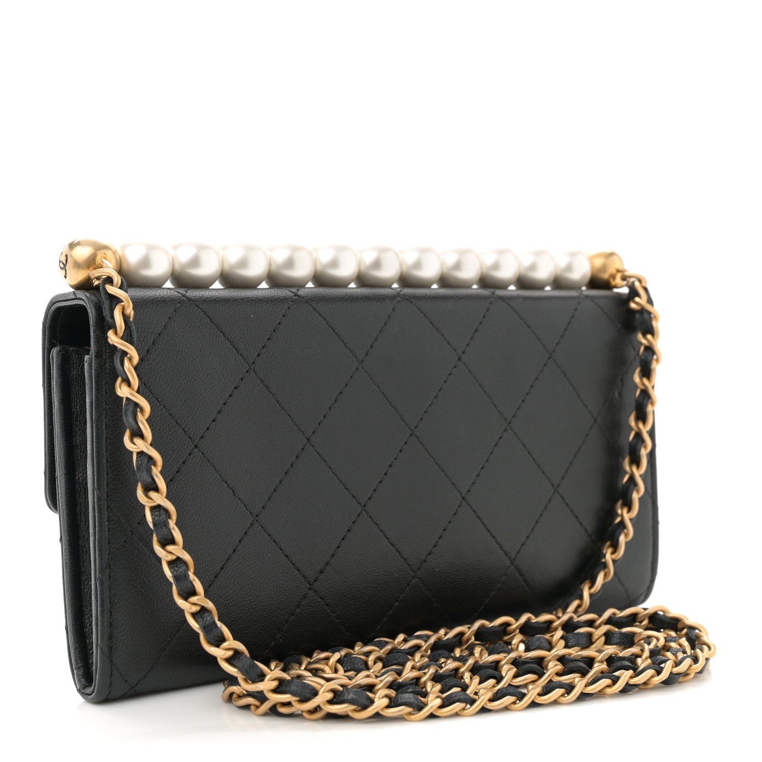 Goatskin Quilted Chic Pearls Clutch With Chain Black