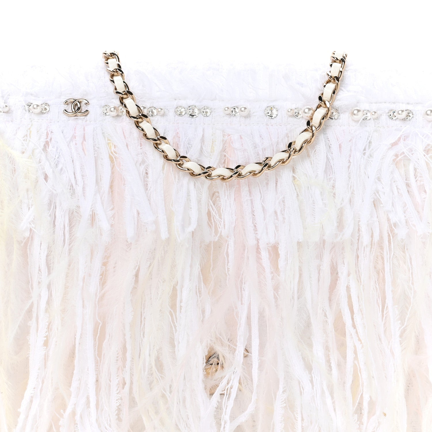 Tweed Embroidered Feathers Pearl Crystal Clutch White