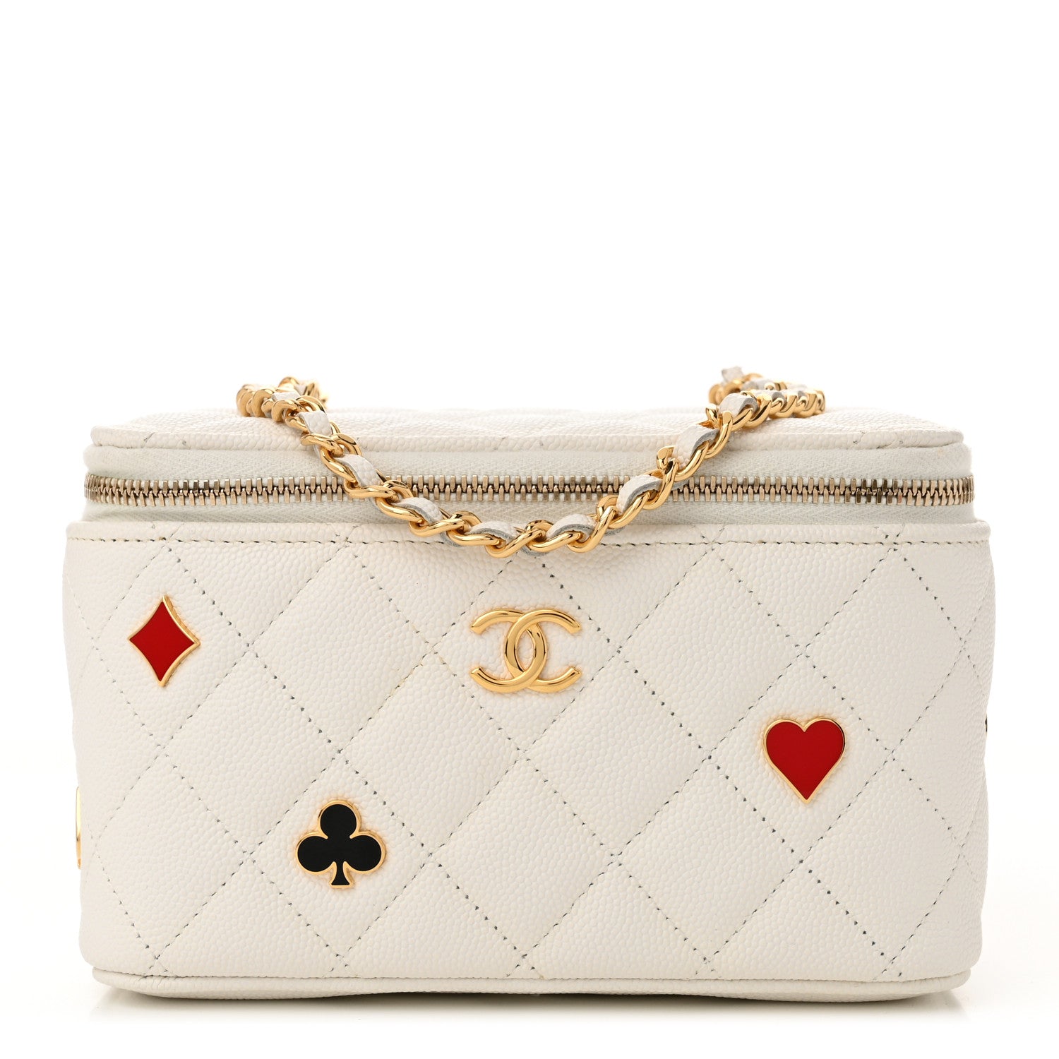 Caviar Quilted Enamel Coco Casino Small Vanity Case With Chain White
