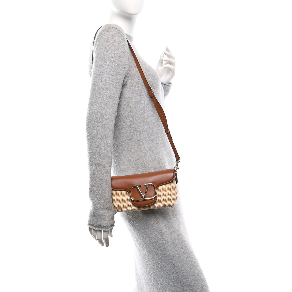 Wicker Calfskin Vlogo Small Loco Shoulder Bag Natural Saddle Brown