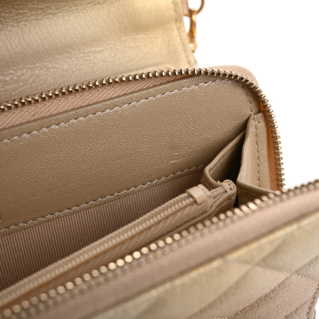 Metallic Goatskin Quilted Phone Holder Wallet on Removable Chain  Gold