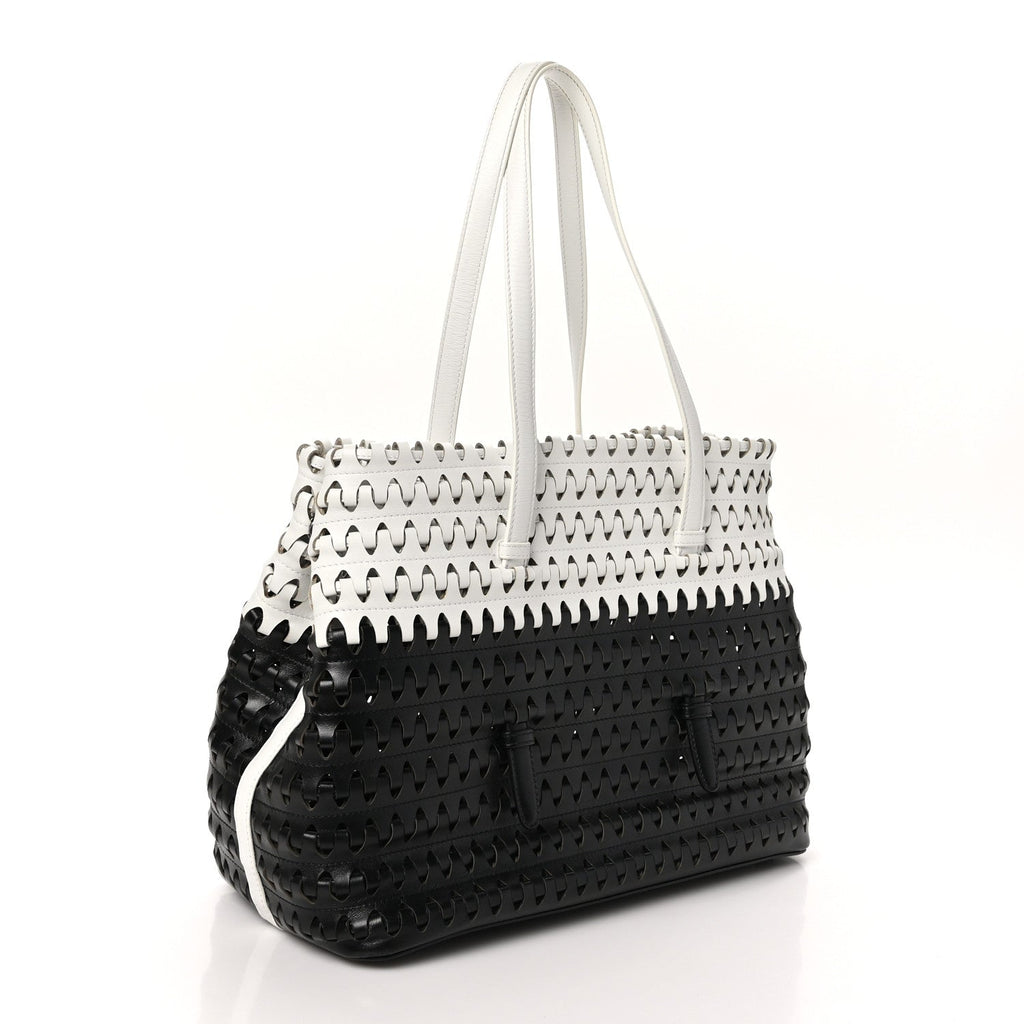 Woven Calfskin Mina Tote Black White
