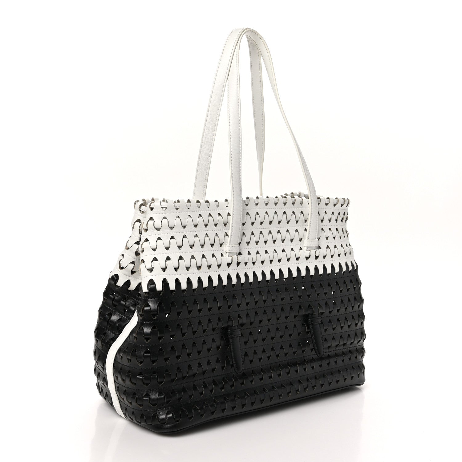 Woven Calfskin Mina Tote Black White