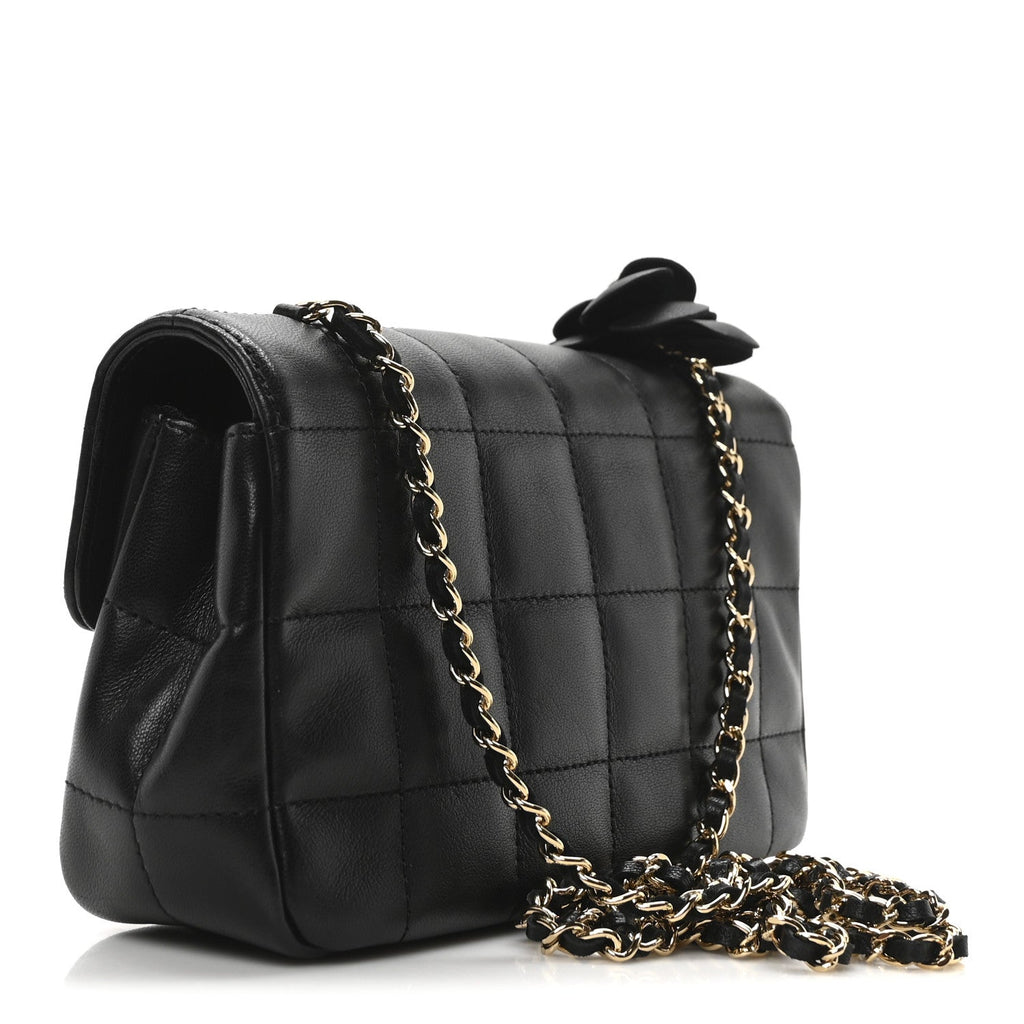 Lambskin Quilted Mini Chocolate Bar Camellia Flap Black