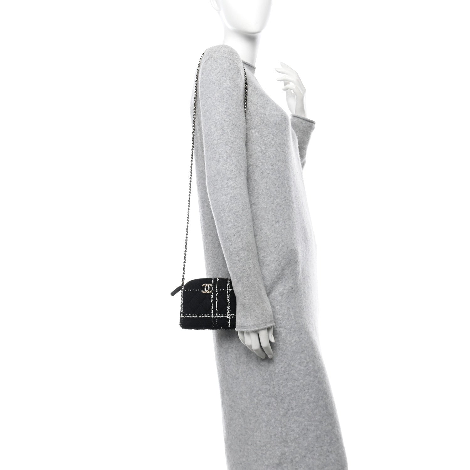 Tweed Quilted Mini Clutch With Chain Black White