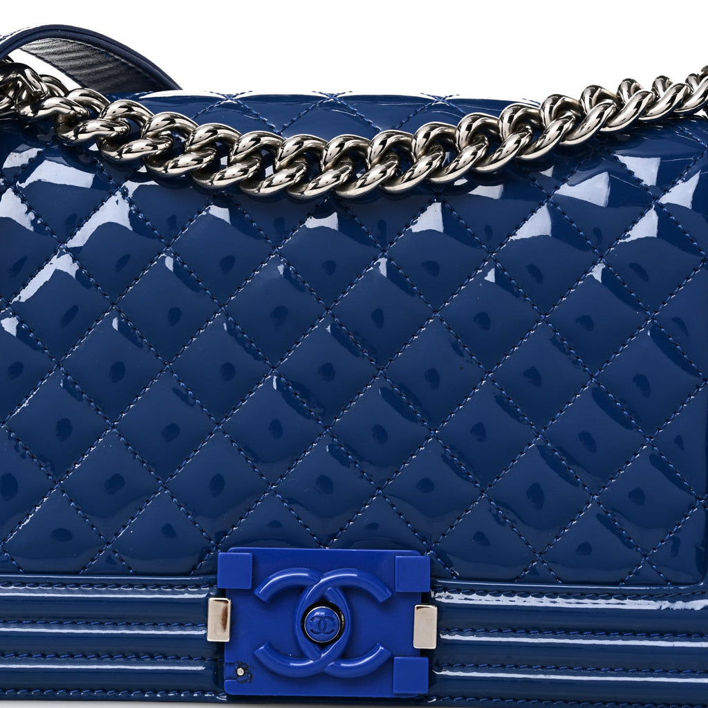 Patent Calfskin Quilted Medium Plexiglass Boy Flap Blue