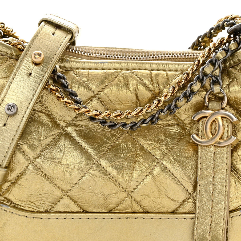 Metallic Aged Calfskin Quilted Small Gabrielle Hobo Gold