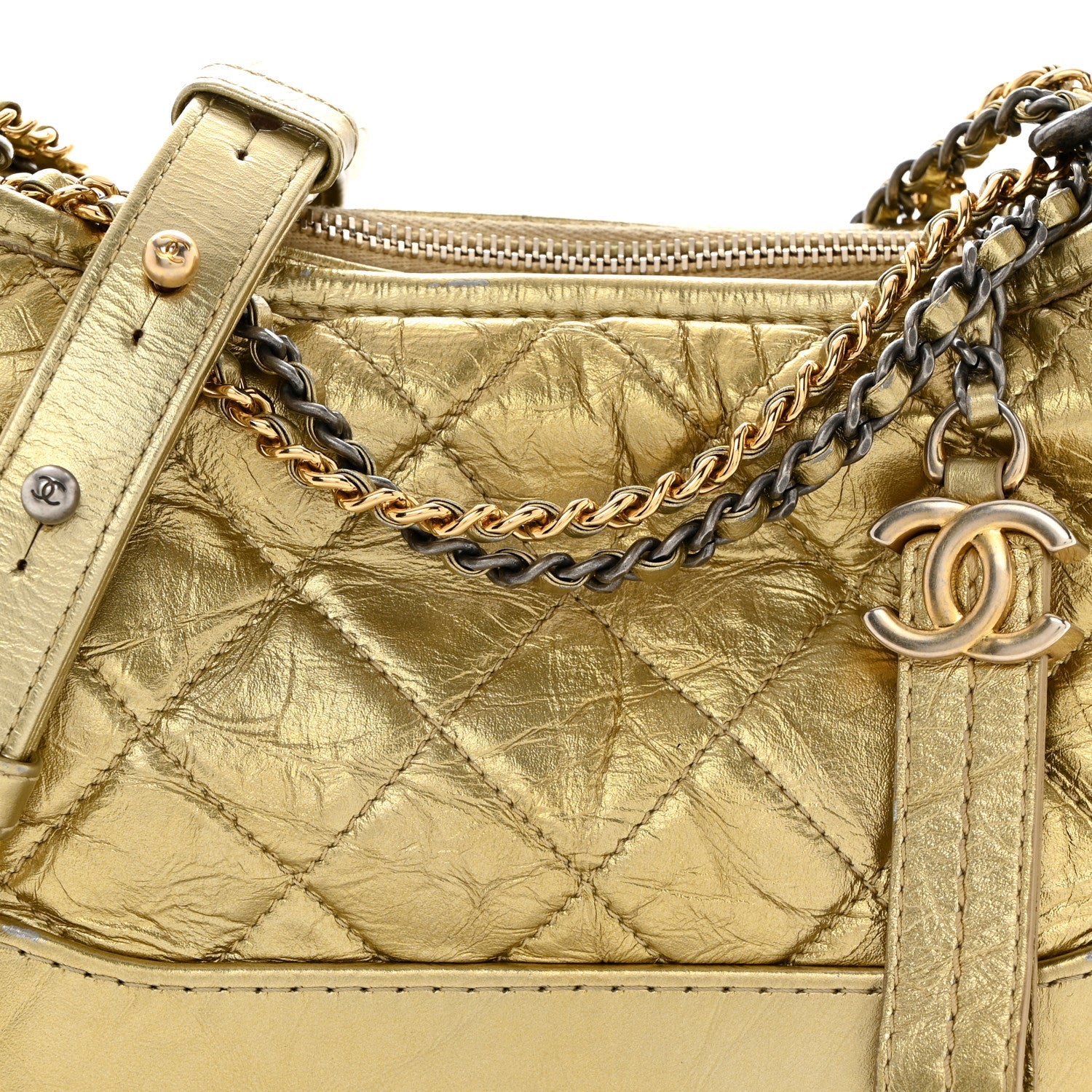 Metallic Aged Calfskin Quilted Small Gabrielle Hobo Gold