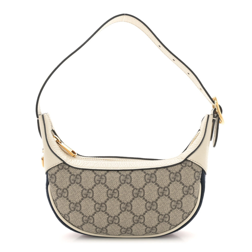 GG Supreme Monogram Textured Dollar Calfskin Web Mini Ophidia Half Moon Hobo Beige Ebony Mystic White