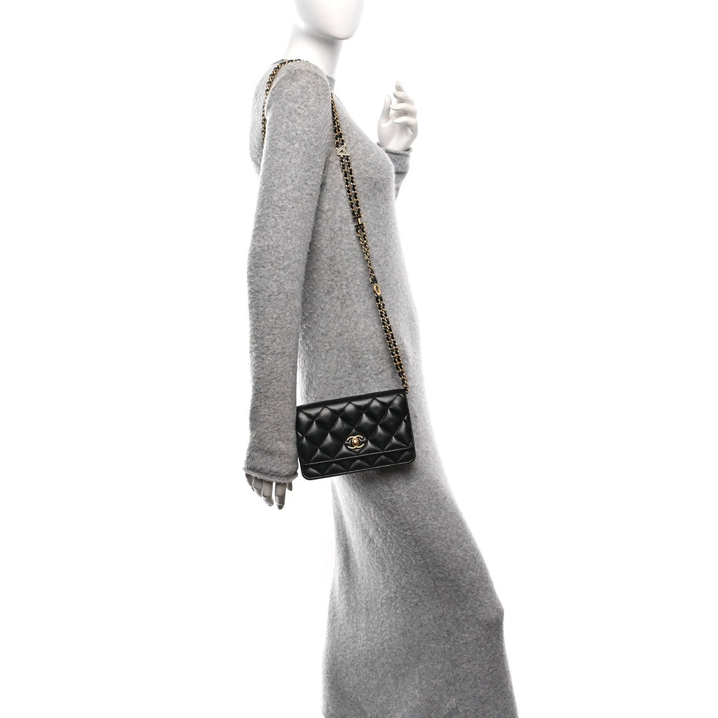 Lambskin Quilted Logo WOC Wallet On Chain Black