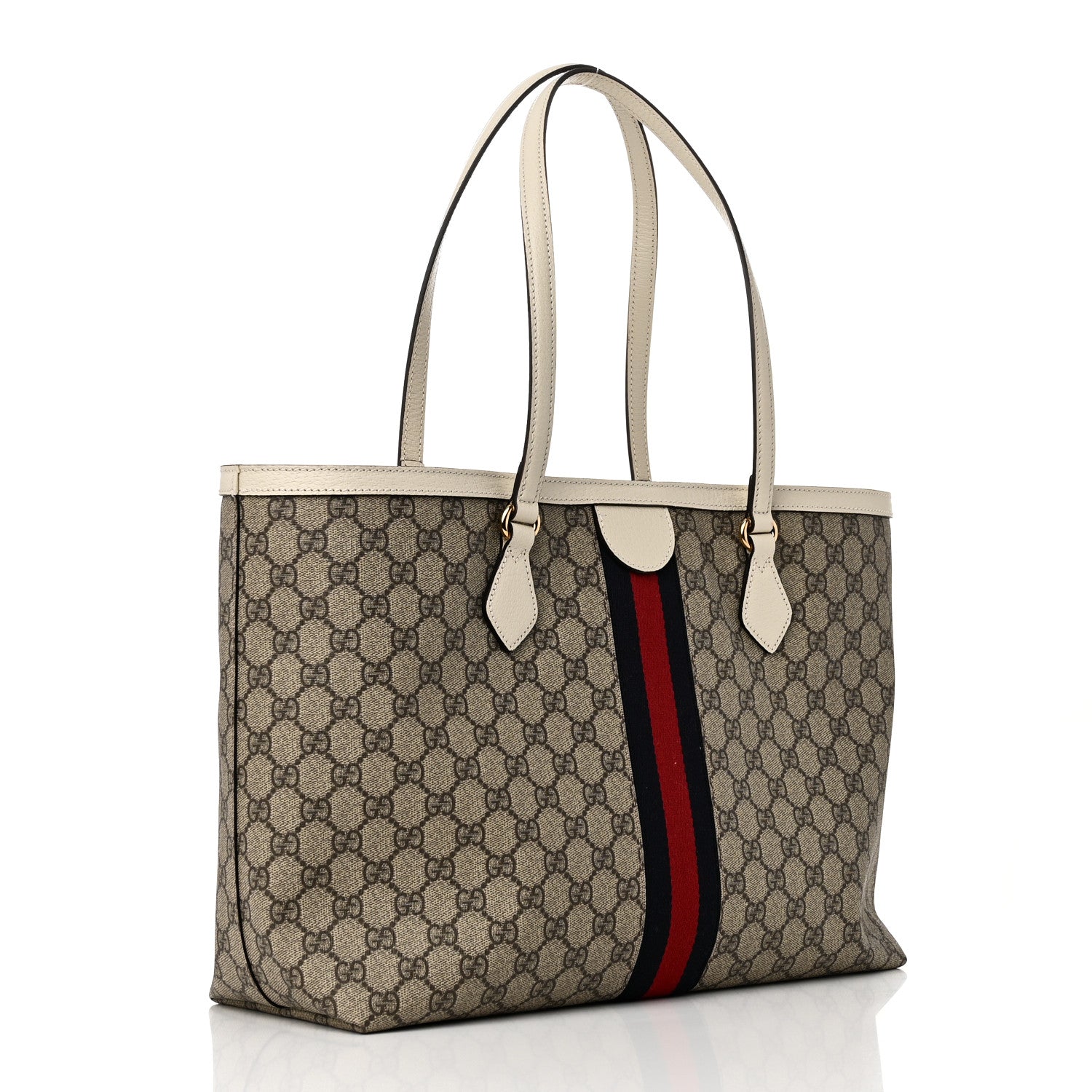 GG Supreme Monogram Textured Dollar Calfskin Web Medium Ophidia Shopping Tote Beige Ebony Mystic White