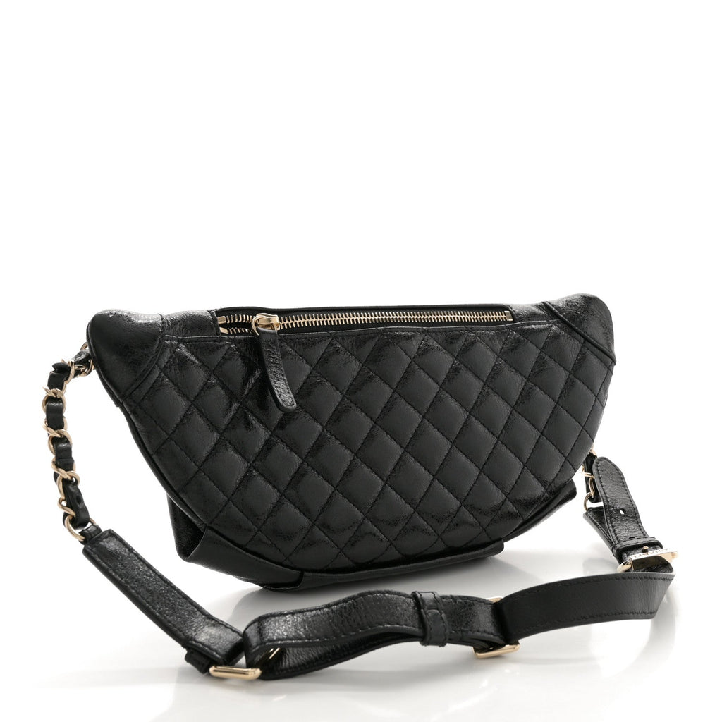 Crumpled Glazed Lambskin Quilted Waist Bag Fanny Pack Black