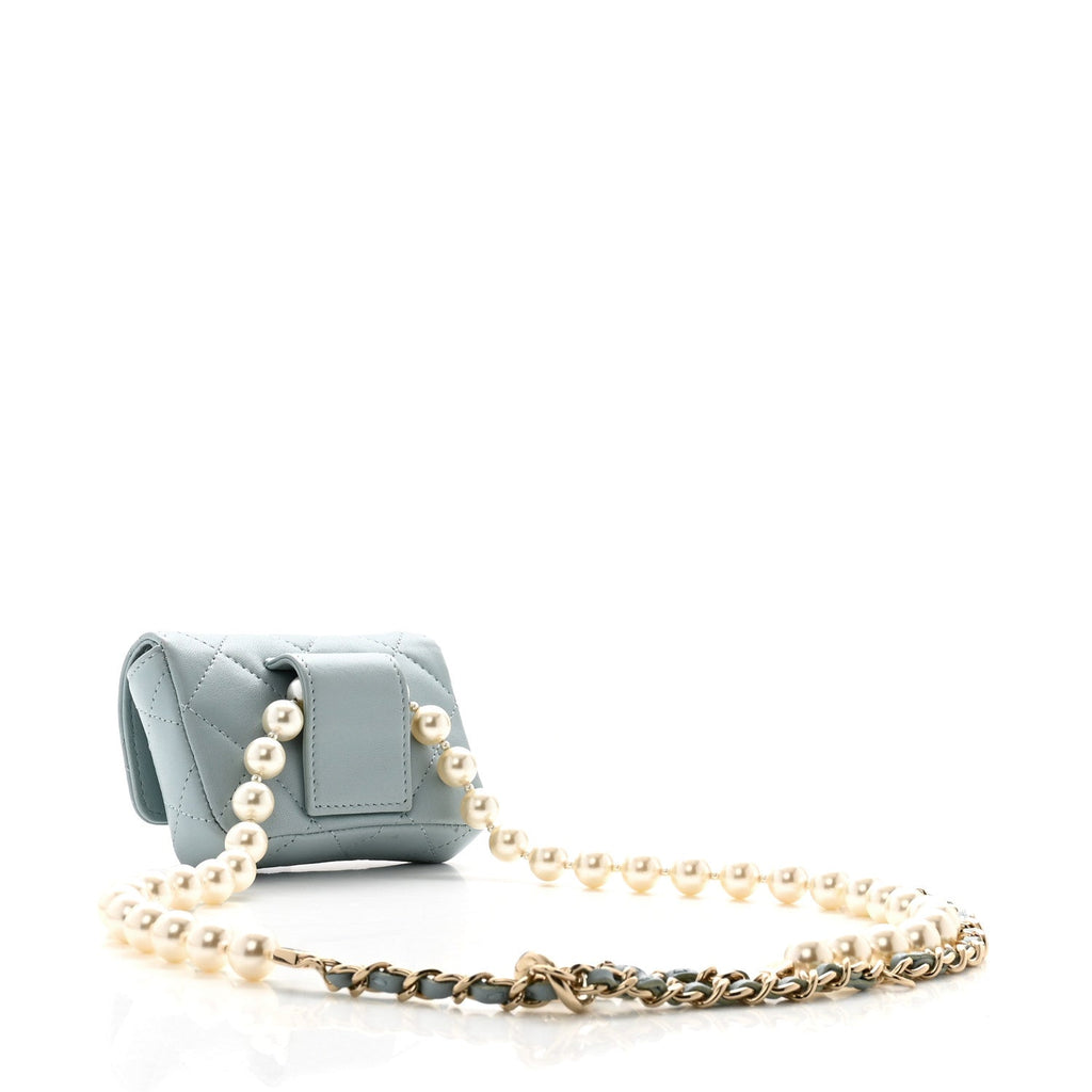 Lambskin Quilted Pearl Chain Belt Bag Light Blue