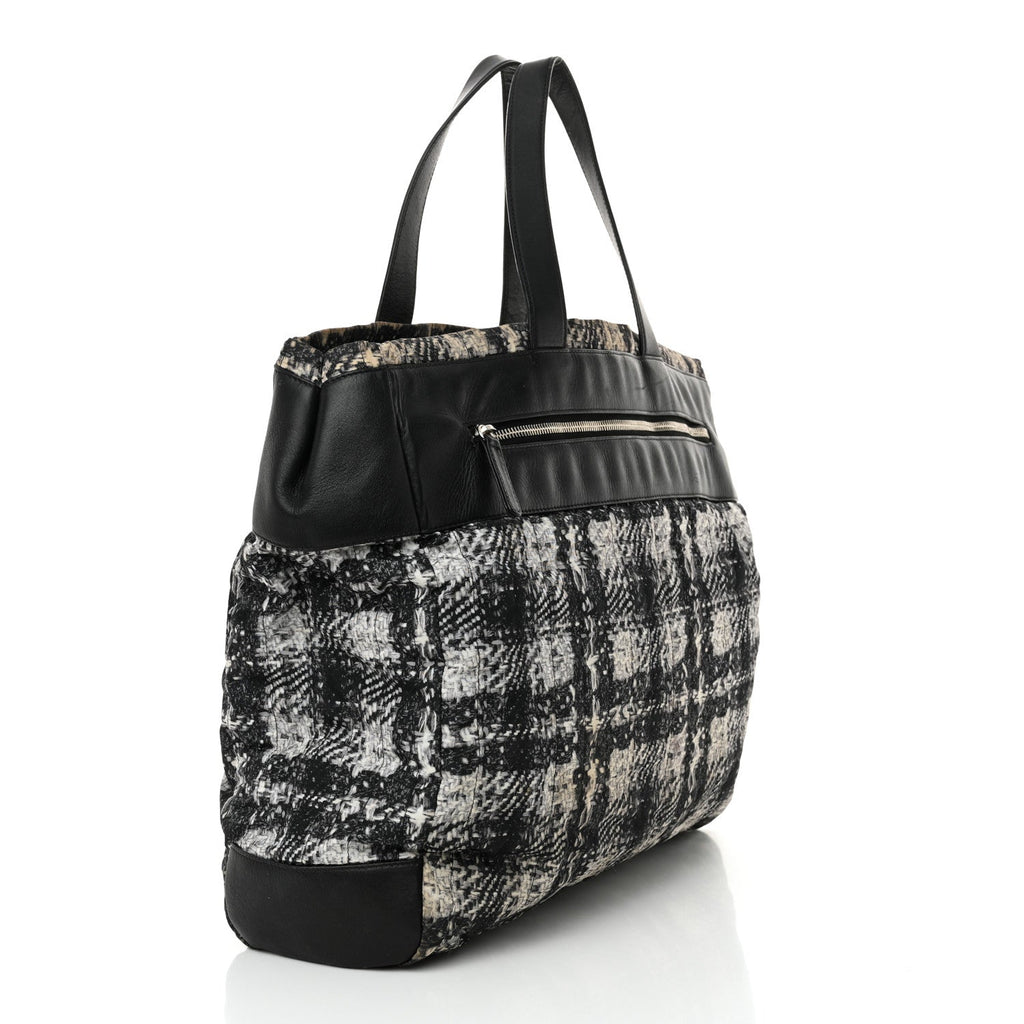 Lambskin Nylon Tweed Printed Tote Black White