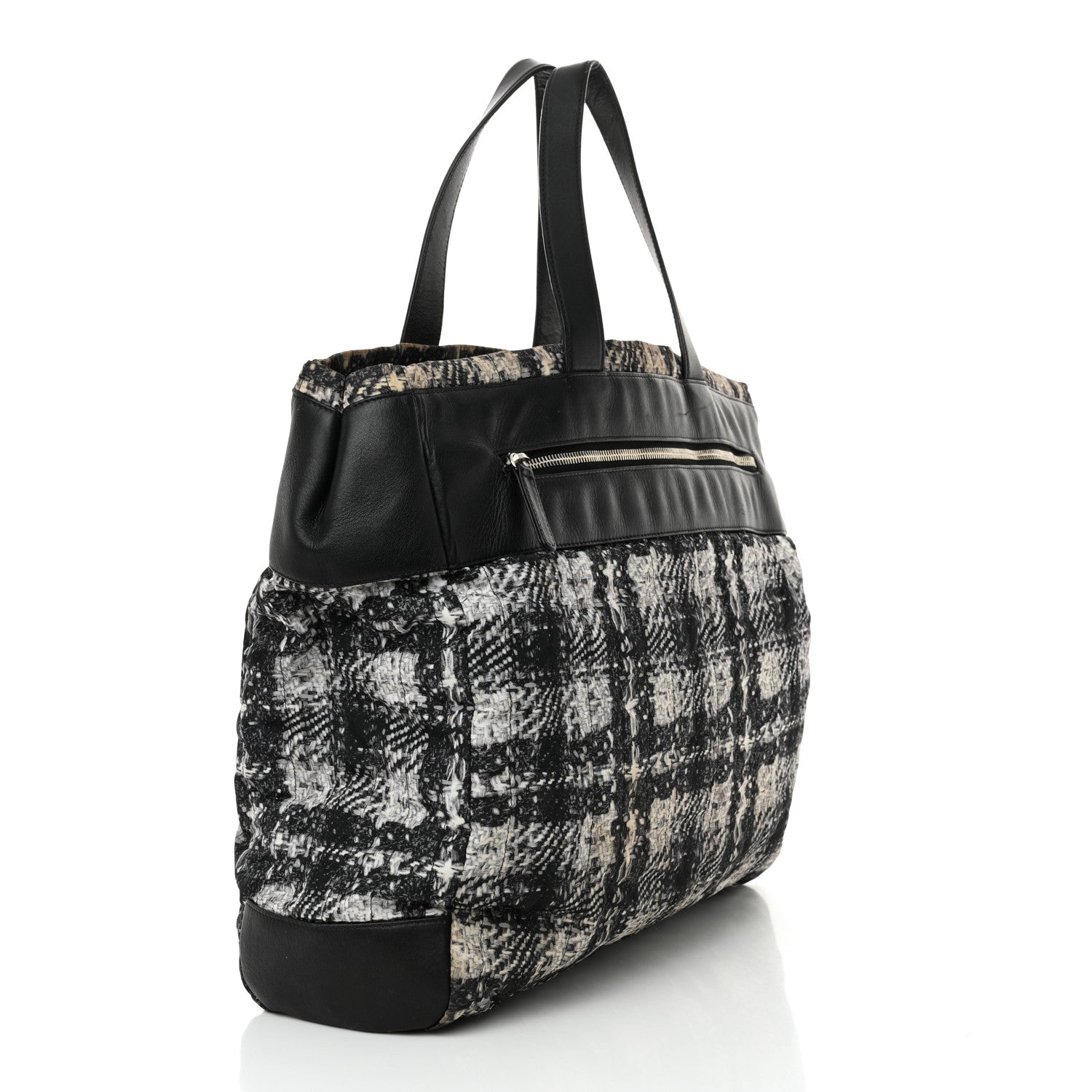 Lambskin Nylon Tweed Printed Tote Black White