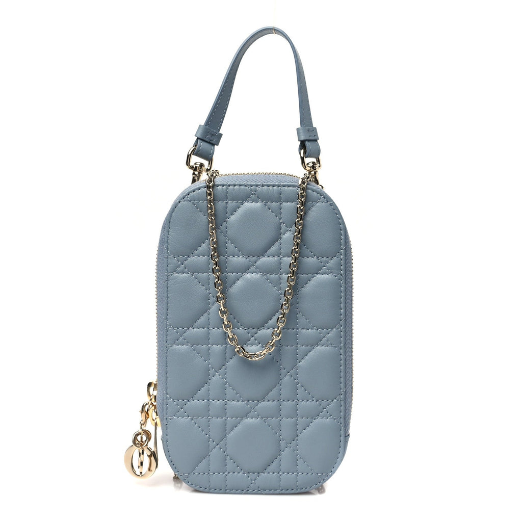 Lambskin Cannage Lady Dior Phone Holder Cloud Blue