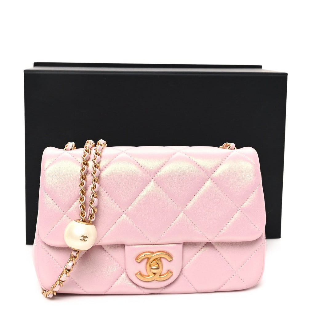 Pearly Lambskin Pearl Quilted Small Flap Pink