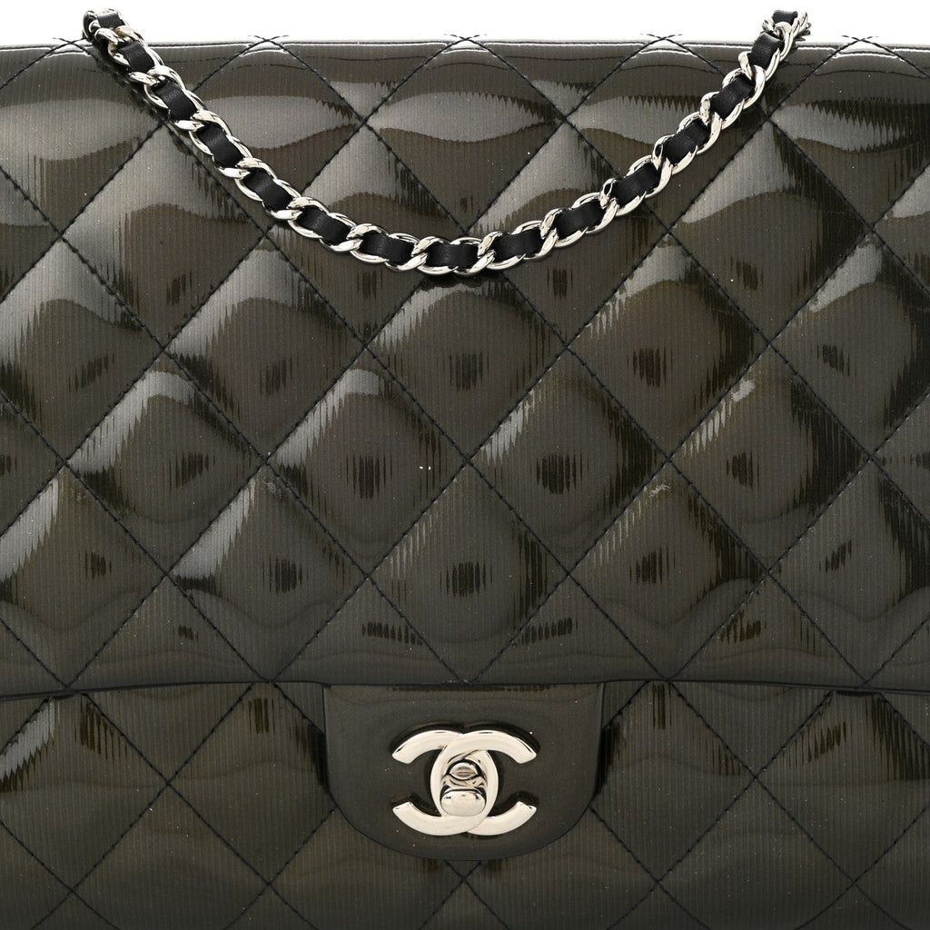 Striated Patent Quilted Clutch With Chain Flap Dark Grey
