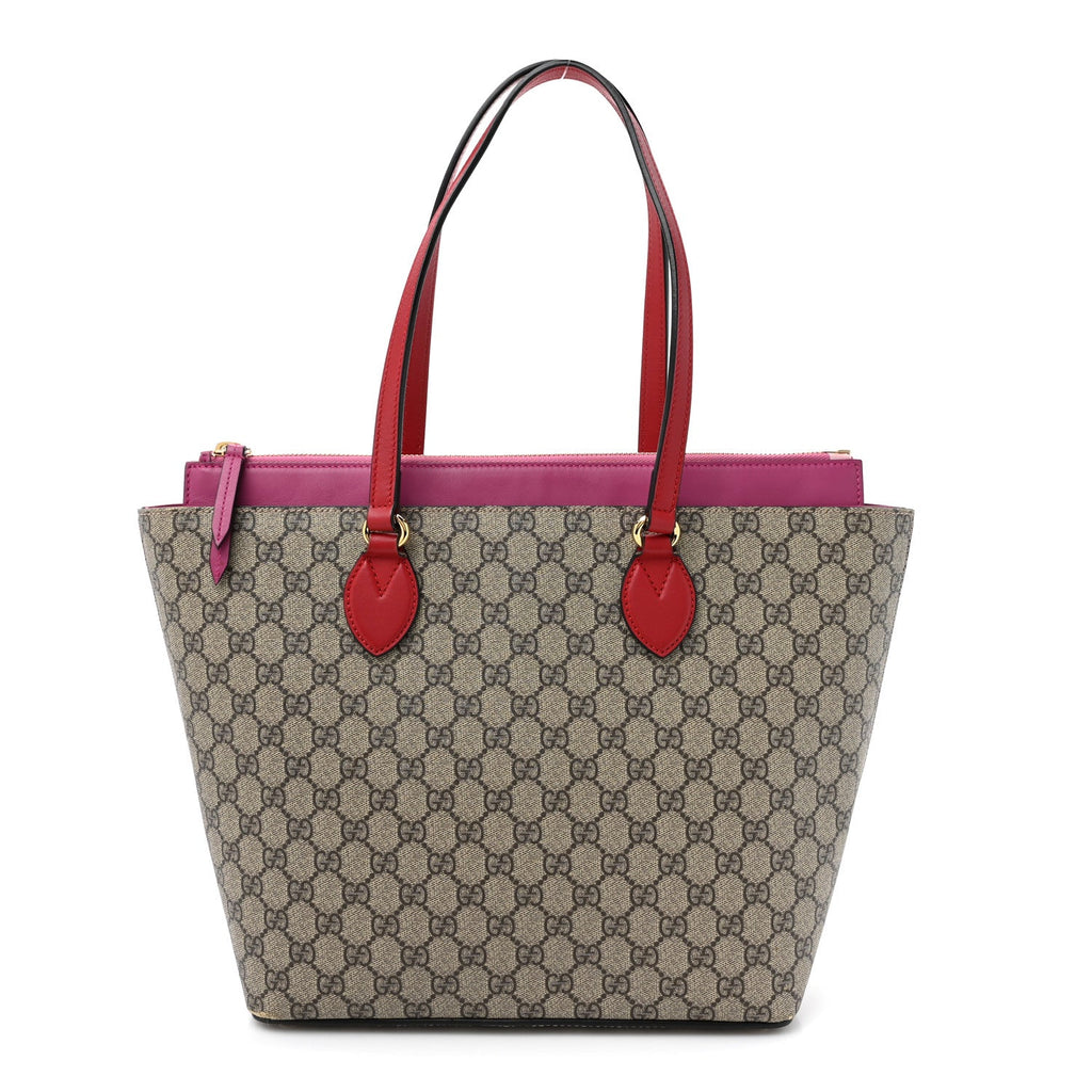 GG Supreme Monogram Medium Zippered Bucket Tote Beige Hibiscus Red New Rosette